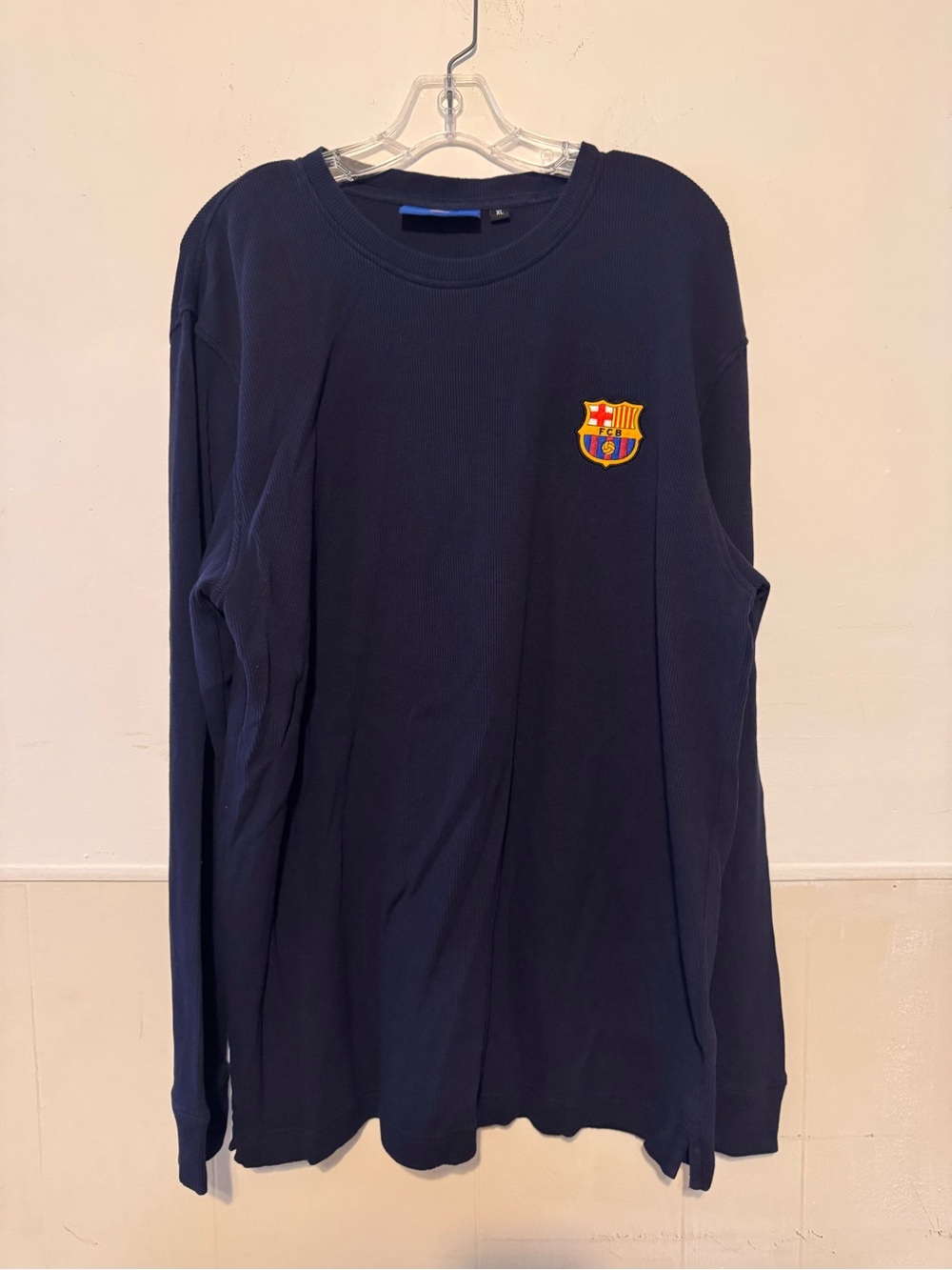 FC Barcelona Knit Thermal Shirt Navy Embroidered Crest Long Sleeve XL FIFA